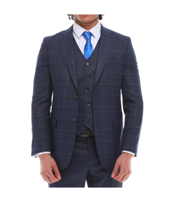 Mens 3 Piece Suit Navy Check Contrasting Waistcoat Trousers Tailored Fit Wedding