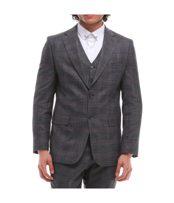 Mens 3 Piece Suit Grey Brown Check Tailored Fit Wedding Prom Races