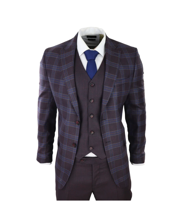 Mens 3 Piece Suit Purple Blue Check Check Contrasting Waistcoat Trouser Wedding