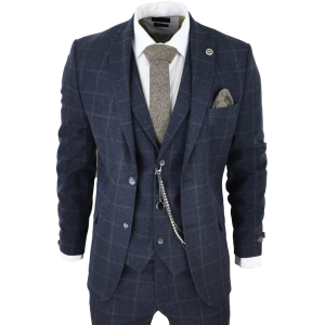 Men’s 3 Piece Suit Wool Tweed Navy Blue Brown Check 1920s Gatsby