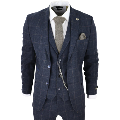 Men's 3 Piece Suit Wool Tweed Navy Blue Brown Check 1920s Gatsby