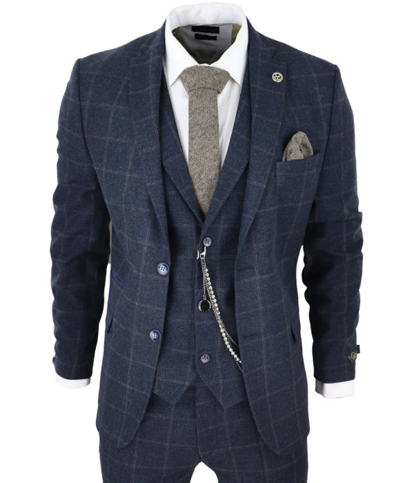 Men's 3 Piece Suit Wool Tweed Navy Blue Brown Check 1920s Gatsby