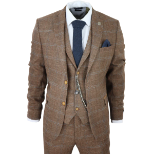 Men’s 3 Piece Suit Wool Tweed Herringbone Tan Brown Blue Check 1920s Gatsby