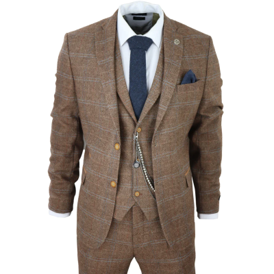 Men's 3 Piece Suit Wool Tweed Herringbone Tan Brown Blue Check 1920s Gatsby