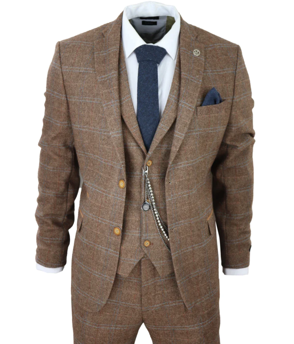 Men's 3 Piece Suit Wool Tweed Herringbone Tan Brown Blue Check 1920s Gatsby