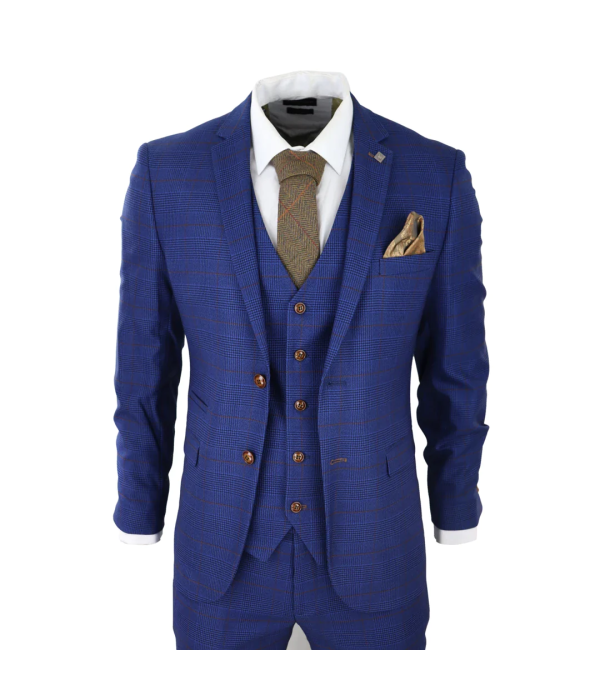 Mens Blue Brown Check 3 Piece Suit Tailored Fit Wedding Prom Races Prince Of Wales