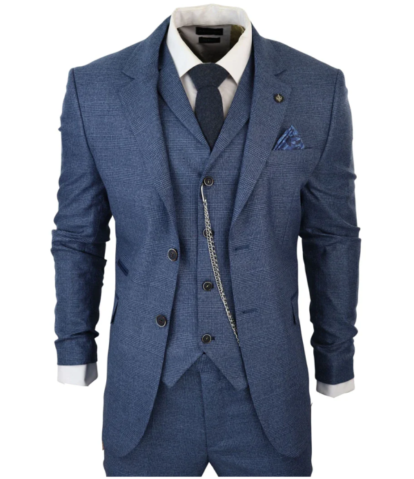 AK-09 Men's 3-Piece Tailored Blue Prince of Wales Check Suit