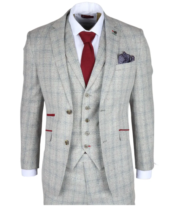 Andrew Men's 3-Piece Grey Checked Slim Fit Suit with Red Accents