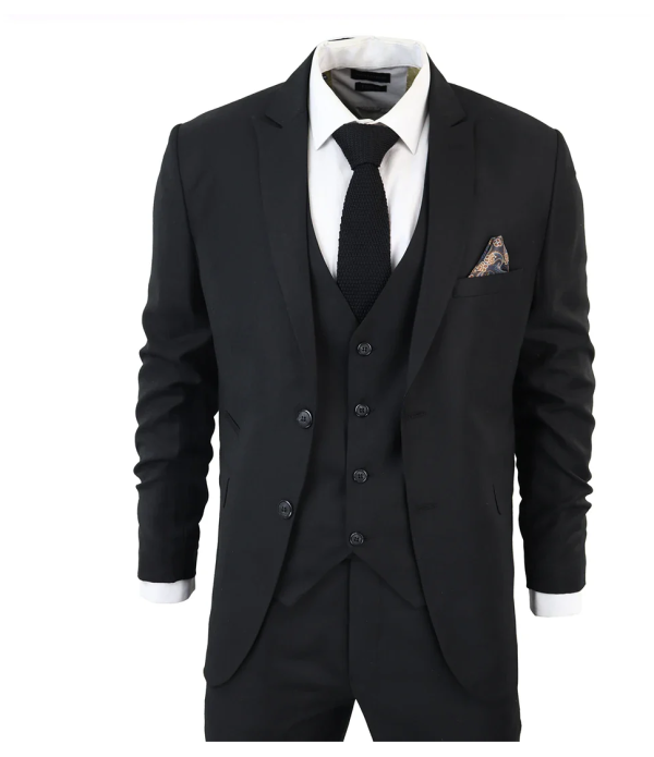 IM1 Men's Classic Black Plain Tailored Fit 3-Piece Suit