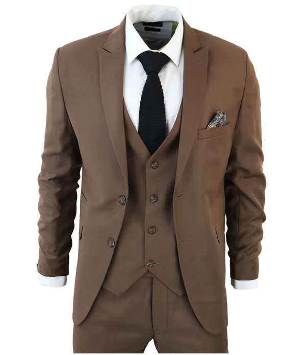 IM1 Men's Classic Brown Plain Tailored Fit 3-Piece Suit