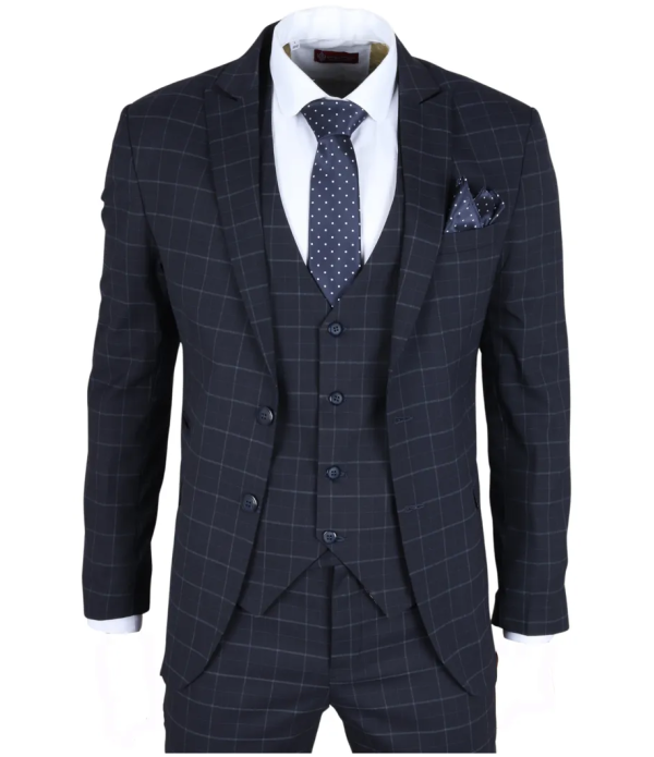 IM3 Men's Navy Checked Tailored Fit 3-Piece Suit
