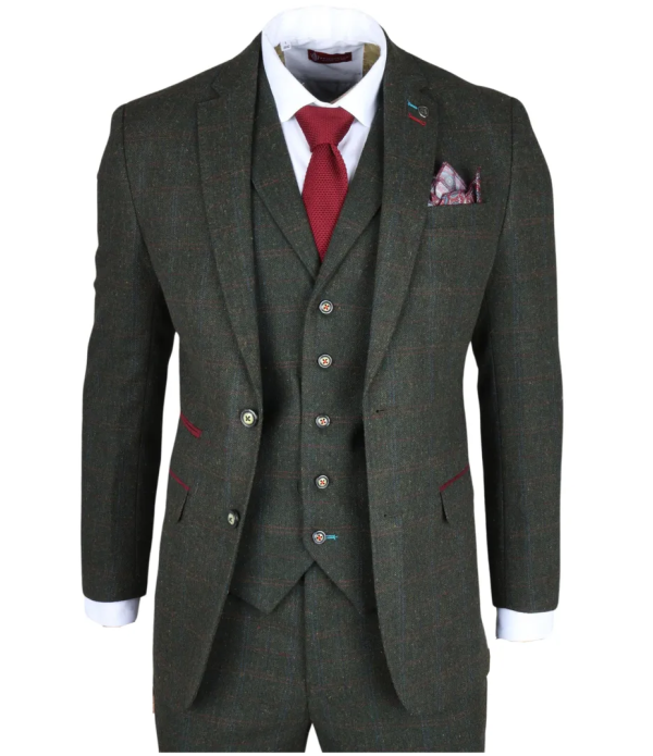 Joshua Men's 3-Piece Green Tweed Slim Fit Suit