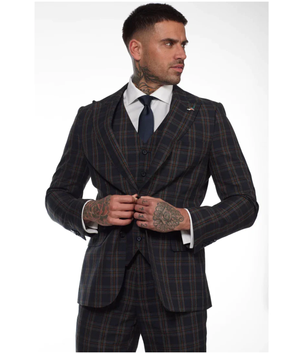 MT22Z0720 - Men's Navy Blue 3 Piece Check Suit