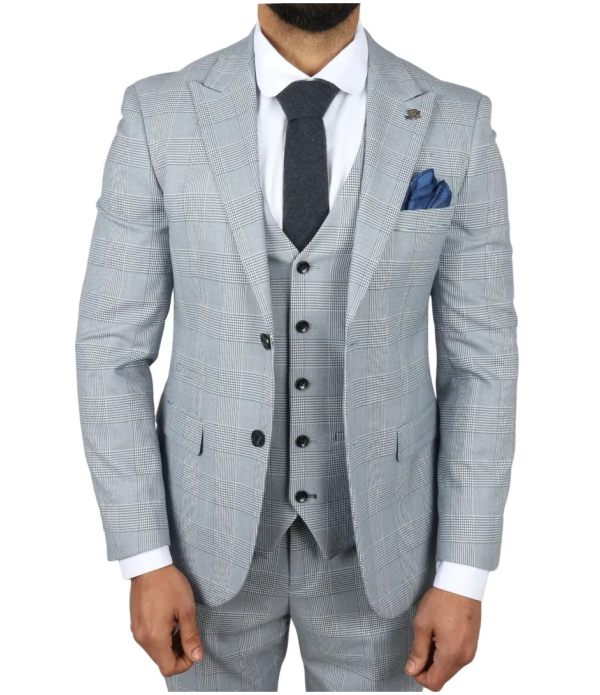 Mark Men's Light Blue 3-Piece Tweed Check Tailored Fit Suit