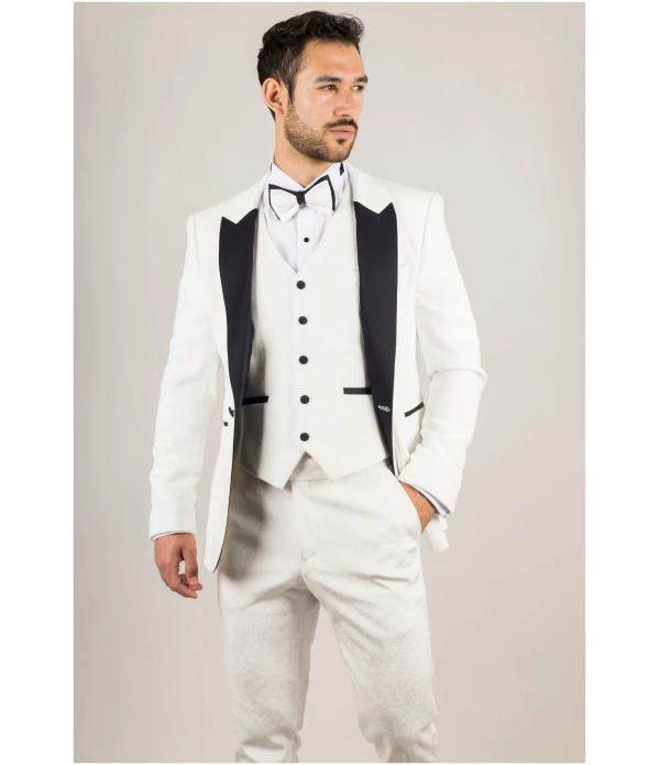 AK-24 Men's White 3-Piece Velvet Wedding Tuxedo with Black Lapels