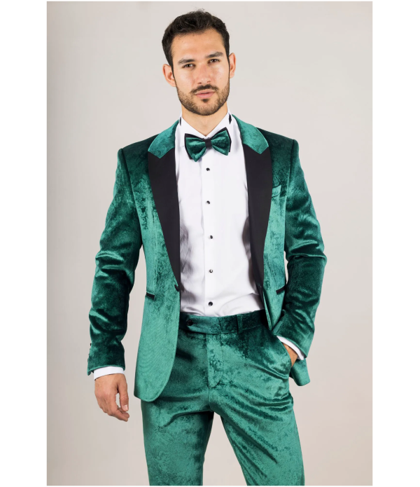 AK-25 Men's Emerald Green 3-Piece Velvet Wedding Tuxedo with Black Lapels