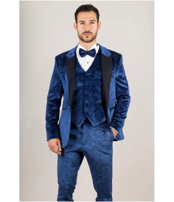 AK-27 Men's Blue 3-Piece Velvet Wedding Tuxedo with Black Satin Lapels