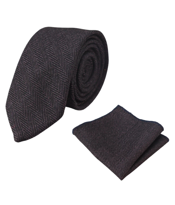 Men's Tweed Plum Herringbone Tie & Pocket Square Set