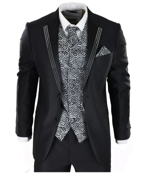 Men's Black 3-Piece Wedding Suit with Silver Cravat and Embellished Waistcoat