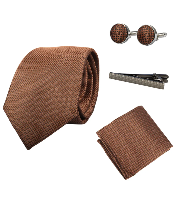 Diamond Neck Brown Tie Gift Set Pocket Square Cuff Links Pin Tie For Shirt Satin
