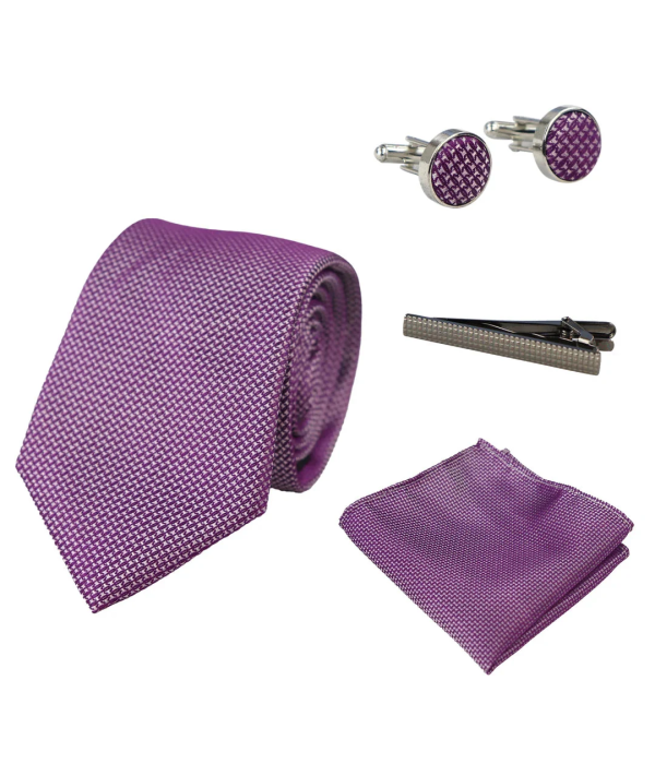 Diamond Neck Lilac Tie Gift Set Pocket Square Cuff Links Pin Tie For Shirt Satin