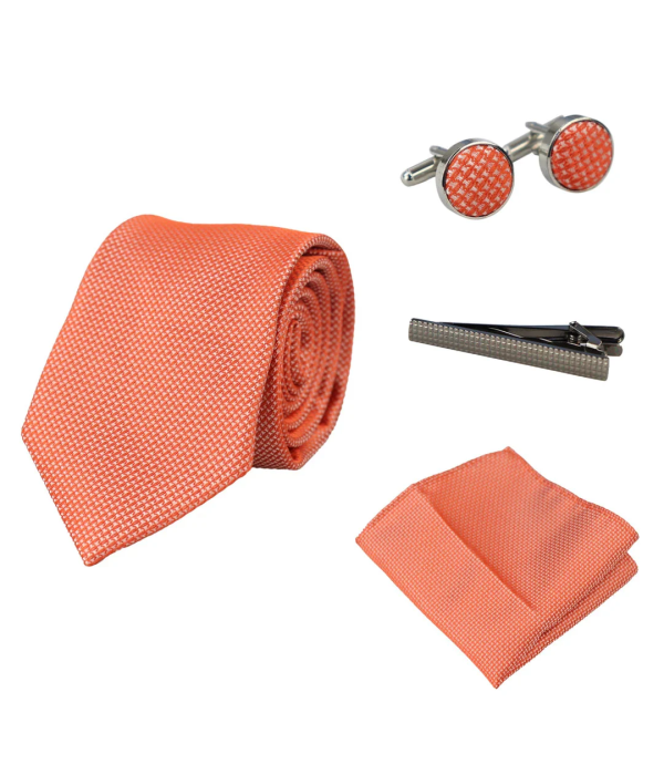Diamond Neck Orange Tie Gift Set Pocket Square Cuff Links Pin Tie For Shirt Satin