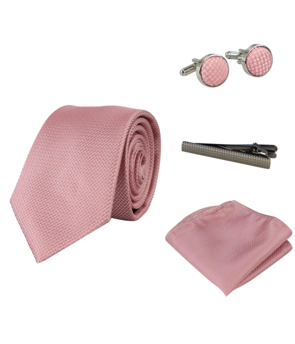 Diamond Neck Pink Tie Gift Set Pocket Square Cuff Links Pin Tie For Shirt Satin