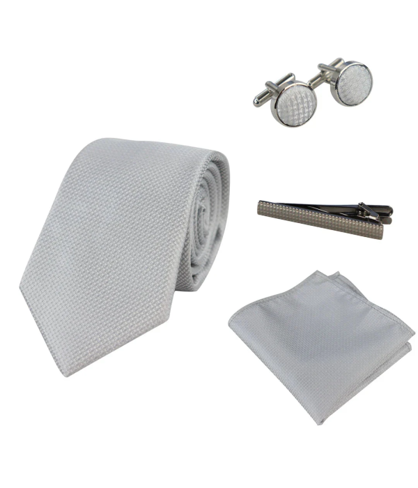 Diamond Neck Silver Tie Gift Set Pocket Square Cuff Links Pin Tie For Shirt Satin