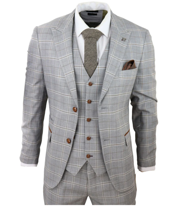 Francis Men's Grey 3-Piece Wedding Suit with Tan Brown Check and Velvet Trim