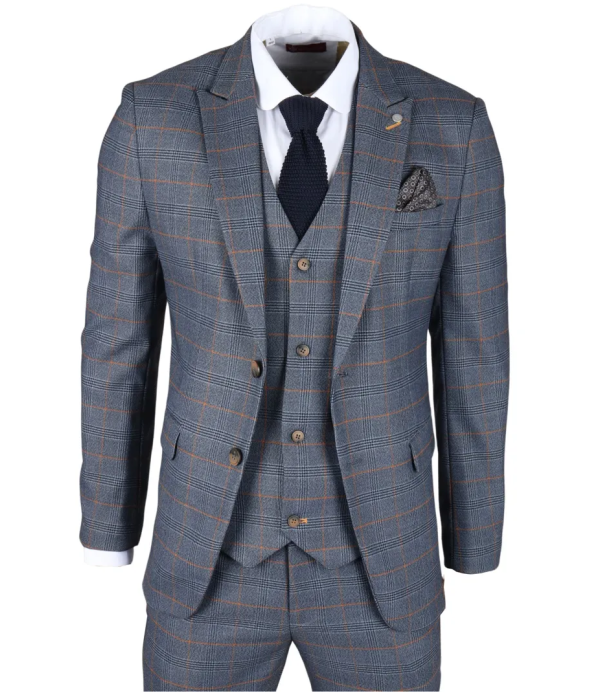 Gisborne Men's 3-Piece Navy Checked Suit with Mustard Accents