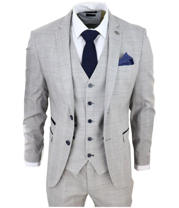 Hugo Men's Light Grey 3-Piece Suit with Navy Blue Check and Velvet Trims