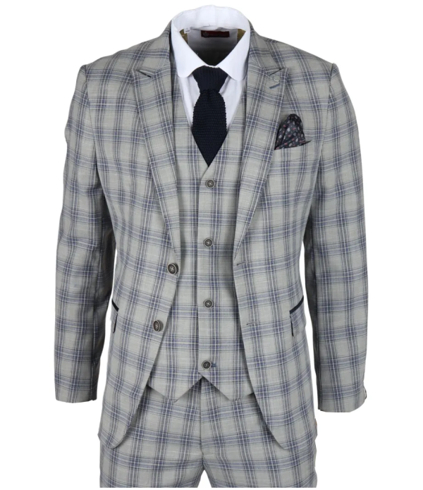 Knight Men's 3-Piece Grey and Blue Checked Suit