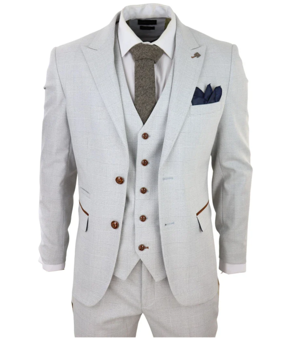 Mark Men's Grey Stone 3-Piece Tweed Check Suit with Brown Trim for Weddings and Proms