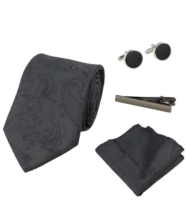 Paisley Neck Black Tie Gift Set Pocket Square Cuff Links Floral Satin