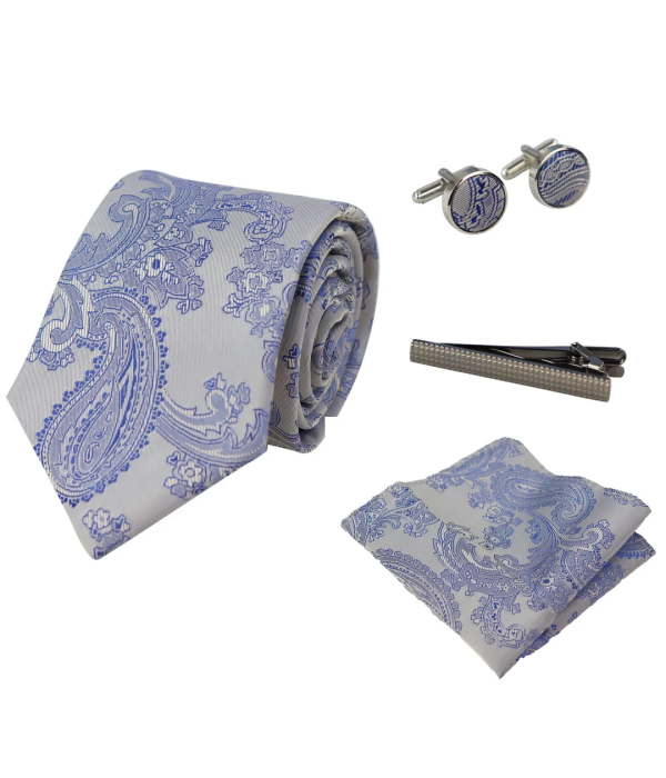 Paisley Neck Blue Tie Gift Set Pocket Square Cuff Links Floral Satin