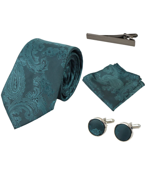 Paisley Neck Green Tie Gift Set Pocket Square Cuff Links Floral Satin