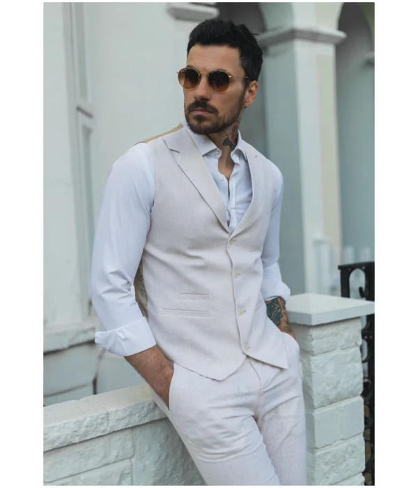 TP-10 - Men's Summer Suit Waistcoat Trousers Linen Formal Cream Beige Wedding