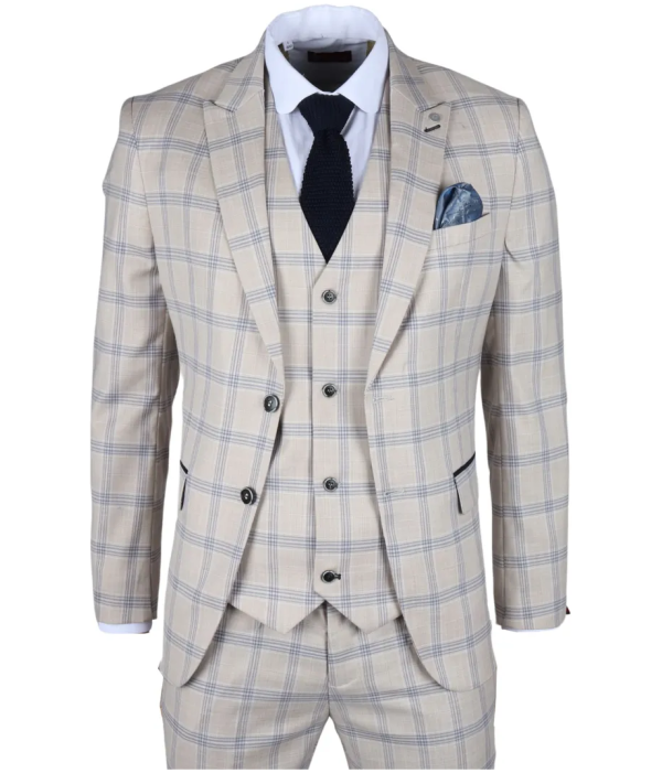 Warwick Men's Beige 3-Piece Checked Suit