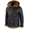 Men's Brown Leather Sherling Sheepskin Hood Jacket Aviator Flying Pilot