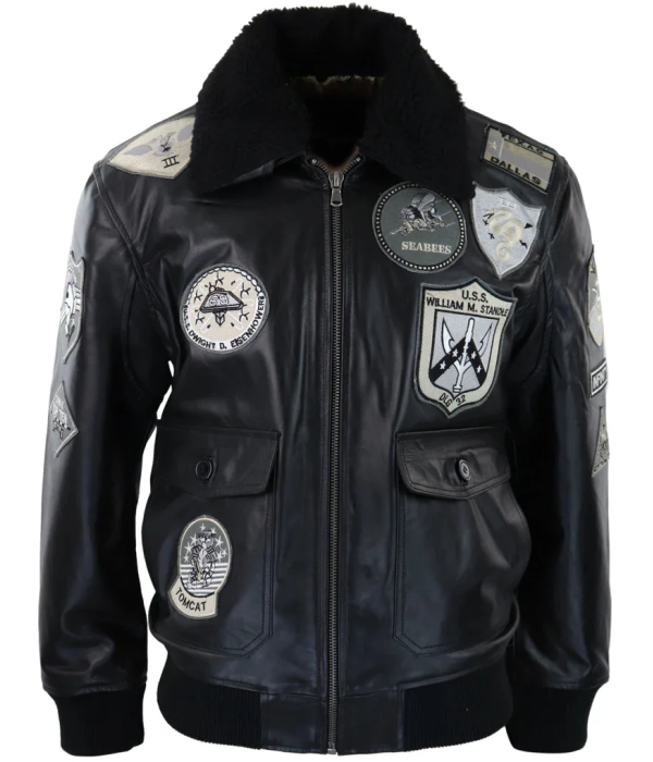 Men's Full Black Grey Topgun Maverick Jacket Pilot Bomber US Badges Black Fur Tom Cat
