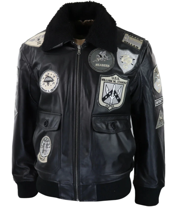 Men's Full Black Grey Topgun Maverick Jacket Pilot Bomber US Badges Black Fur Tom Cat