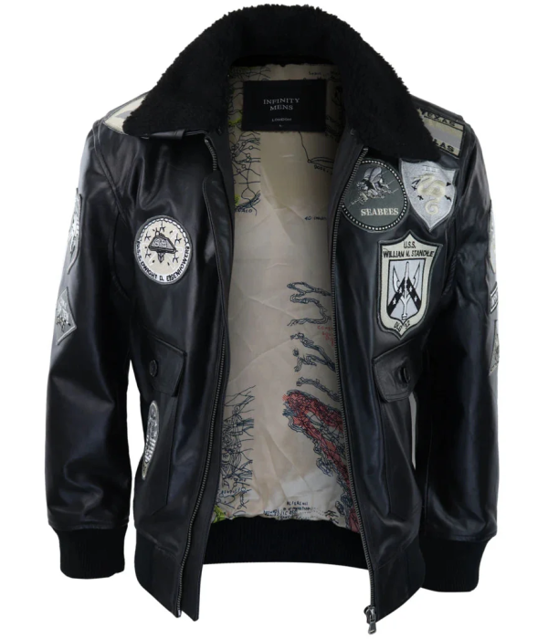 Men's Full Black Grey Topgun Maverick Jacket Pilot Bomber US Badges Black Fur Tom Cat