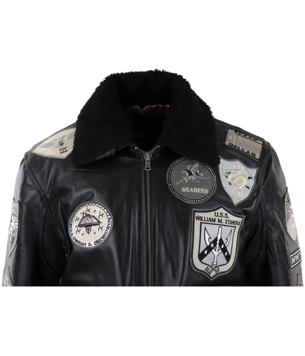 Men's Full Black Grey Topgun Maverick Jacket Pilot Bomber US Badges Black Fur Tom Cat