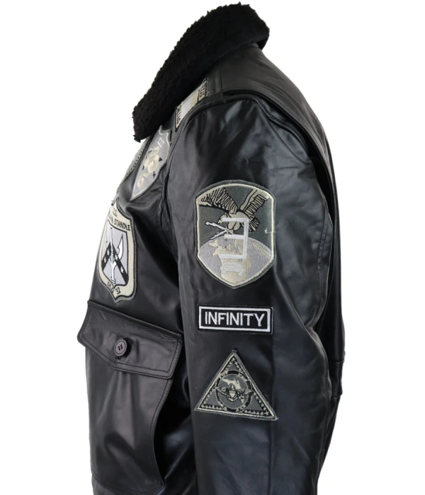 Men's Full Black Grey Topgun Maverick Jacket Pilot Bomber US Badges Black Fur Tom Cat