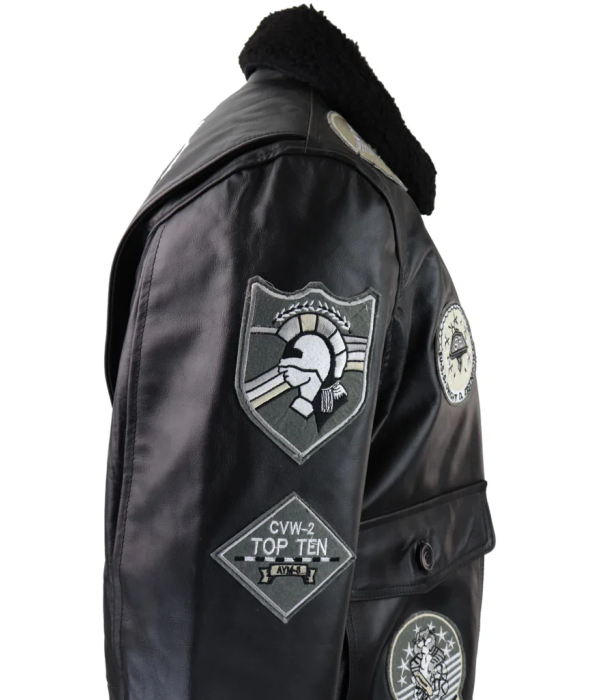Men's Full Black Grey Topgun Maverick Jacket Pilot Bomber US Badges Black Fur Tom Cat